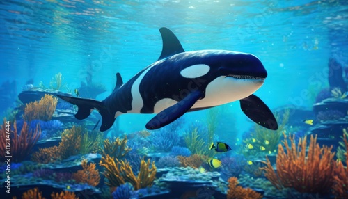 The Orcinus Orca in the ocean, portrait of Orca hunting prey in the underwater