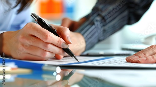 A businessman's hand holding a blue ballpoint pen poised over a contract document.