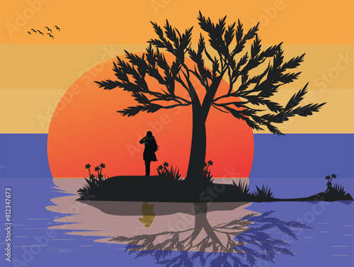 Silhouette of a Person in the Sunset Vector Illustration