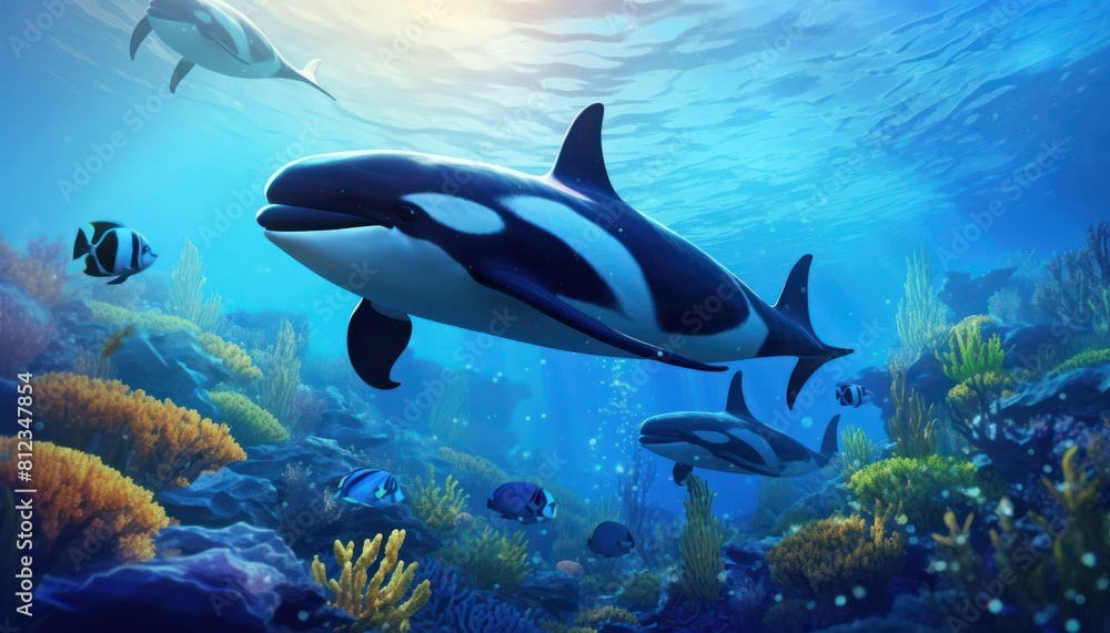 The Orcinus Orca in the ocean, portrait of Orca hunting prey in the underwater The Orcinus Orca in the ocean, portrait of Orca hunting prey in the underwater