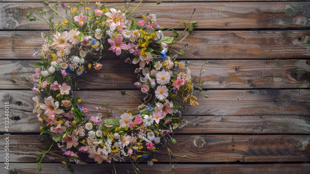 Fototapeta premium Create your own charming midsummer floral wreath Displayed against a rustic wooden backdrop this DIY flower door wreath captures the essence of a Midsummer night dream decoration perfect fo