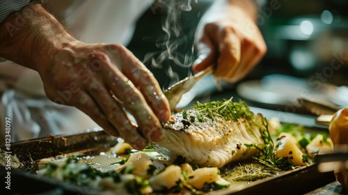 Chef plating flounder as part of a performance art piece culinary creativity on display