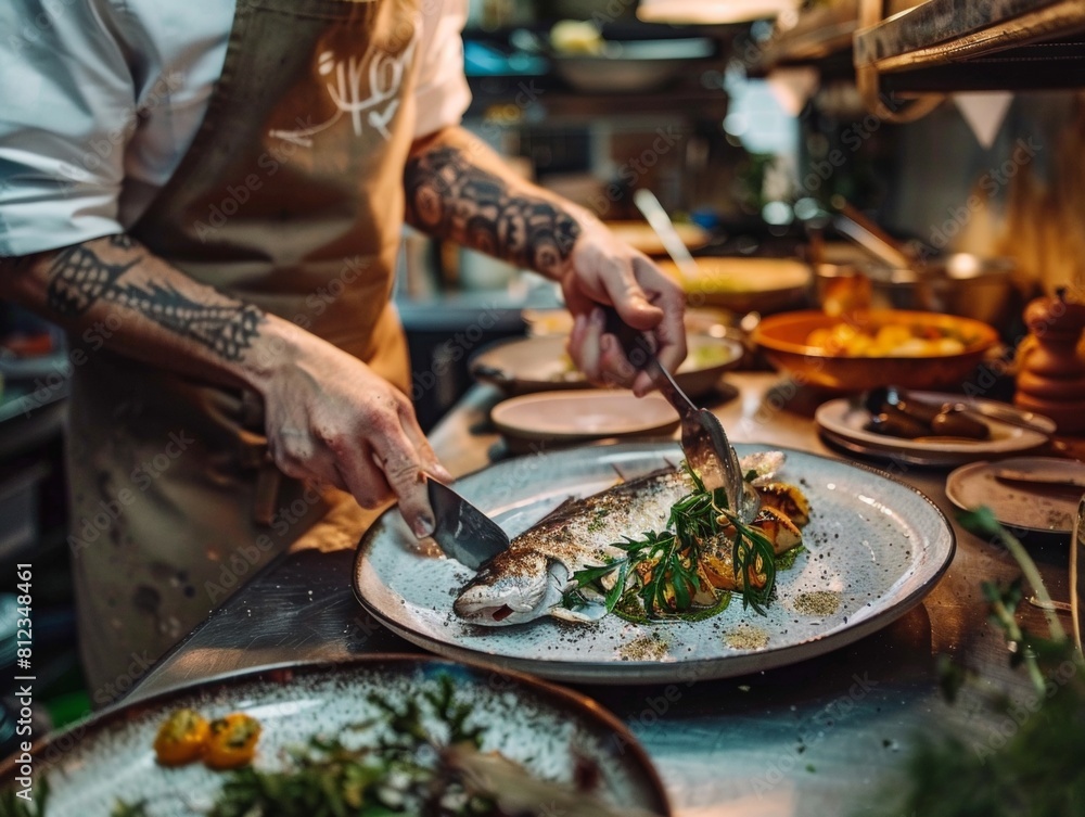 Chef plating flounder on hand-painted ceramics collaboration with local artists Chef plating flounder on hand-painted ceramics collaboration with local artists