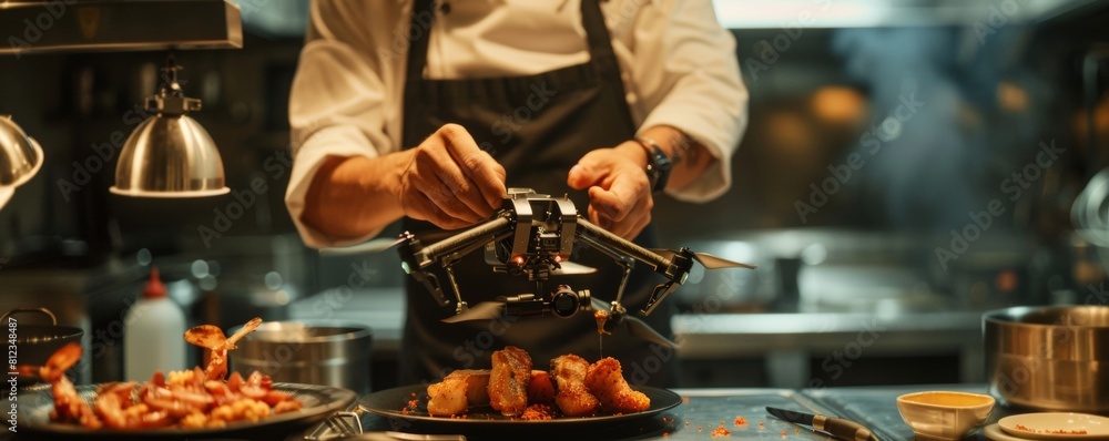 Chef plating flounder with a drone capturing the moment high-tech presentation Chef plating flounder with a drone capturing the moment high-tech presentation