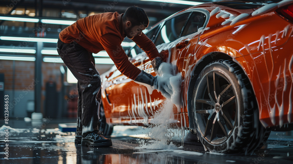 person working in a car, person working on a car and clean the car in the wash area person working in a car, person working on a car and clean the car in the wash area