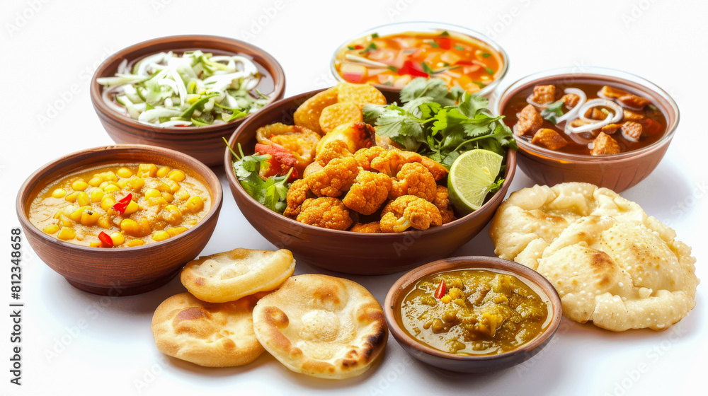 A variety of Indian curries and bread presented on a white surface A variety of Indian curries and bread presented on a white surface
