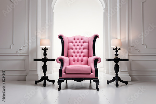 A pink Chesterfield high back wing chair with a black base on white background, throne armchair