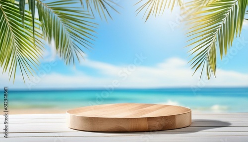 beach with palm tree  A minimal summer background sets the stage for an empty podium or pedestal platform perfect for cosmetic products in mockup