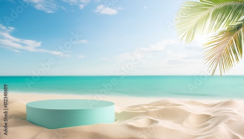 A minimal summer background sets the stage for an empty podium or pedestal platform perfect for cosmetic products in mockup beach with palm tree