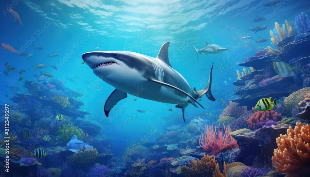 The Orcinus Orca in the ocean, portrait of Orca hunting prey in the underwater The Orcinus Orca in the ocean, portrait of Orca hunting prey in the underwater