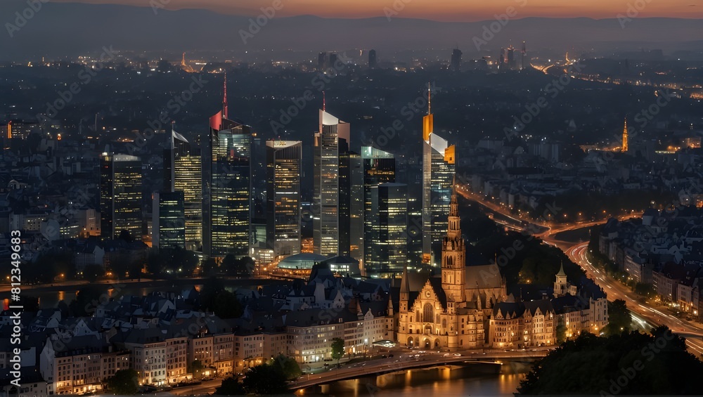 High resolution aerial panoramic view of Frankfurt, Germany after sunset. High resolution aerial panoramic view of Frankfurt, Germany after sunset.