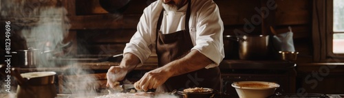 Chef preparing flounder in a rustic barn conversion country chic