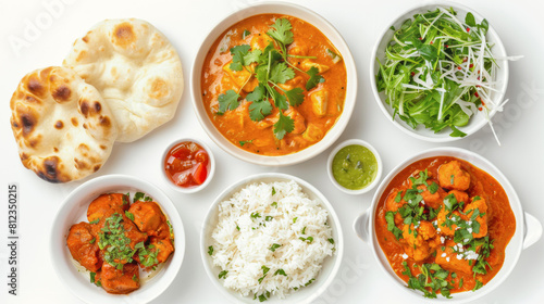 A well-arranged Indian meal featuring curry, naan, rice and condiments, garnished with herbs