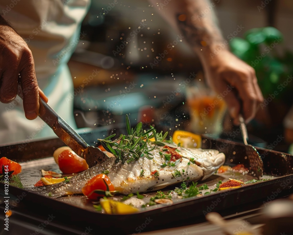 Chef preparing flounder with a live jazz band harmonious blend of music and cooking Chef preparing flounder with a live jazz band harmonious blend of music and cooking