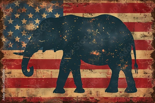 The image shows an elephant, the symbol of the Republican Party, standing on an American flag photo