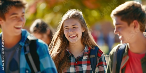 Group of cheerful teenagers laughing and having fun outdoors in the sun