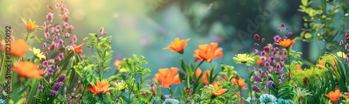 Panorama of the flower garden. Banner with flowering street plants. 