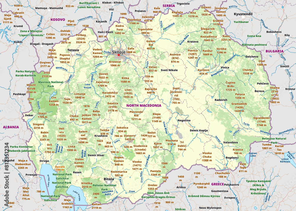 Detailed physical political map art of North Macedonia