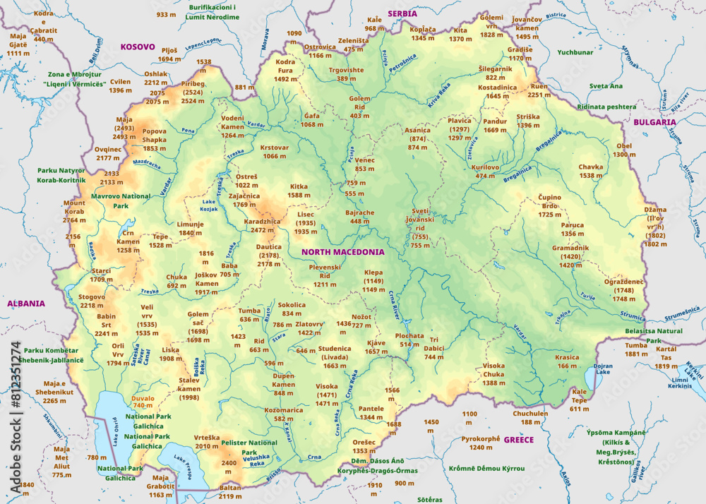 Detailed physical topographic map art of North Macedonia