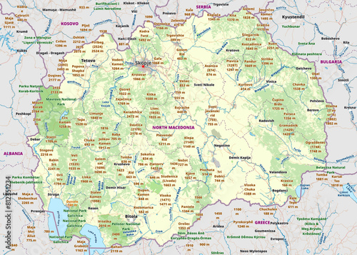Detailed physical political map art of North Macedonia