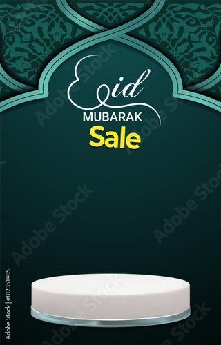 eid sale discount portait template banner with blank space 3d podium for social media feed product sale with abstract gradient green background design12 photo