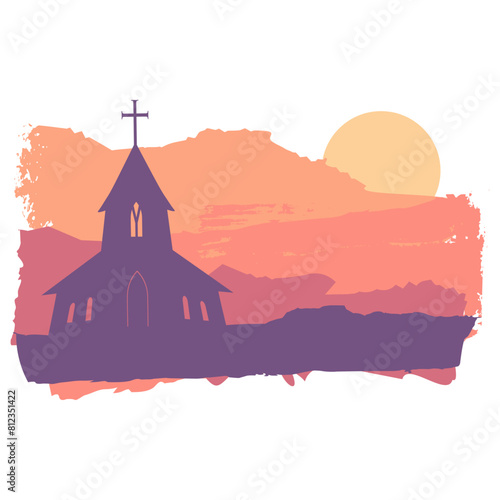 Church building at sunset or sunrise. Community worship unity symbol. Brush paint backdrop