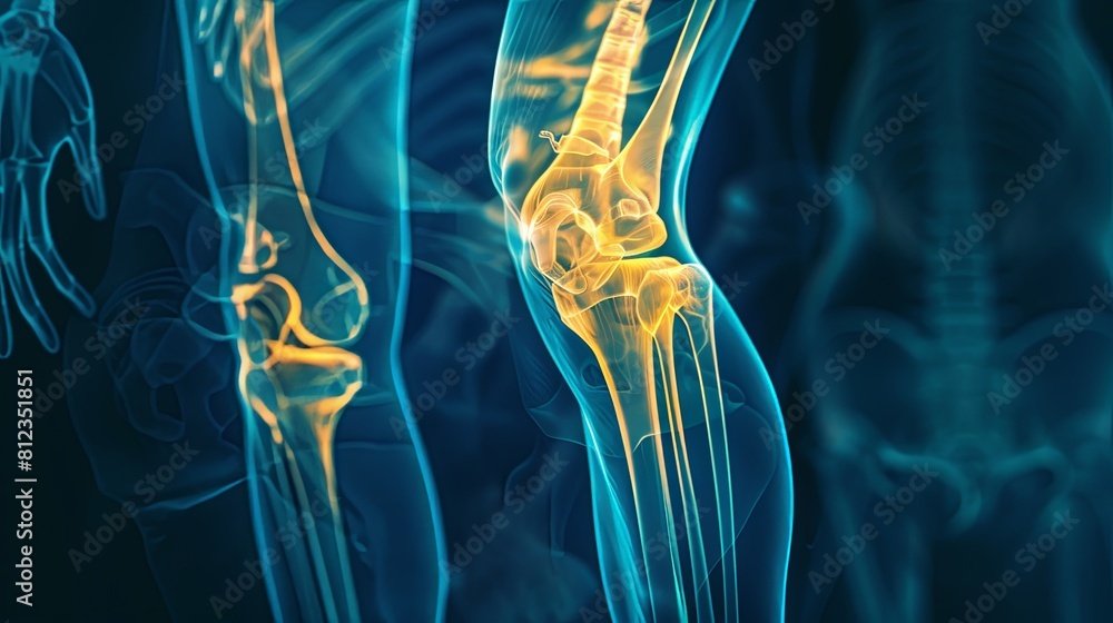 An X-ray blue of a knee with the knee joint highlighted in yellow ,MRI ...