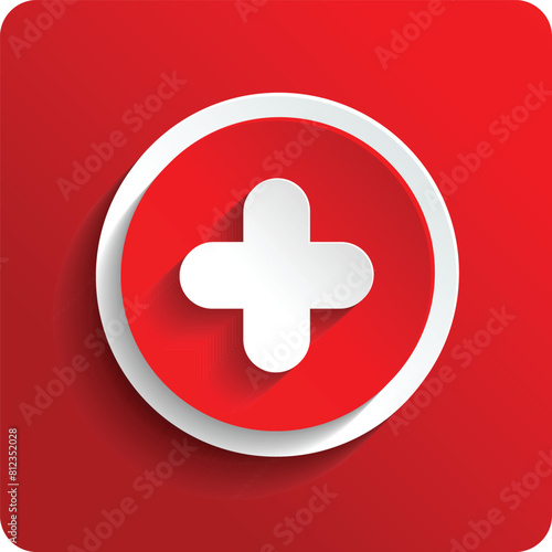 White plus symbol on red background. First aid and medical cross icon. EPS Vector.