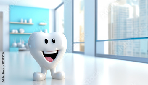 Tooth mascot smiling in white clinic background