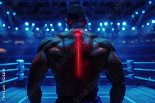 back of muscular fighter with red and blue lights on his back, in the center stands inside an empty arena, blue light background, photorealistic, high resolution photography © Khalif