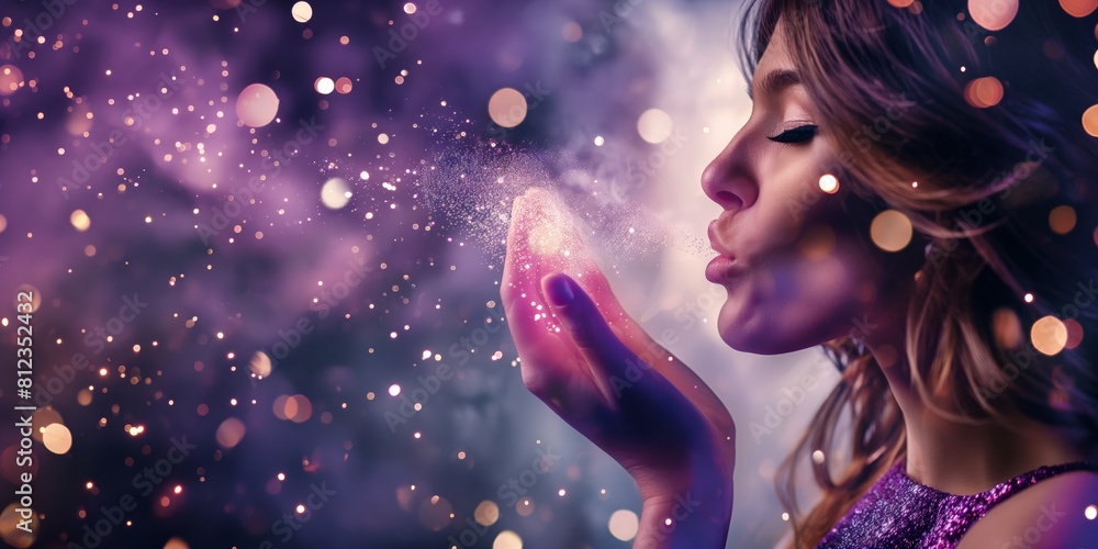 Ethereal image of a hand releasing magical dust with particles glowing against a bokeh light background Ethereal image of a hand releasing magical dust with particles glowing against a bokeh light background