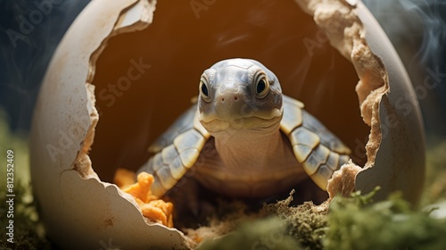 A turtle hatching from an egg