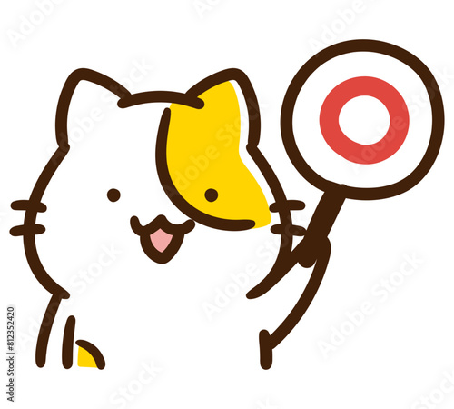 丸の札を出すかわいいねこのキャラクターの上半身イラスト