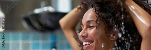 A joyful woman with curly hair enjoying her time in a shower  hands behind head