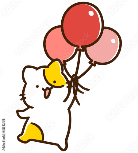 風船を持って空を飛ぶかわいいねこのキャラクターのデフォルメイラスト