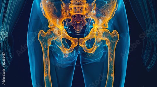 An x-ray of a woman's pelvis shows the bones of the hip and legs. MRI scan of a human pelvis  joint, showing the bones and ligaments. photo