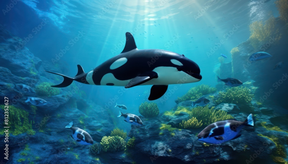 Fototapeta premium The Orcinus Orca in the ocean, portrait of Orca hunting prey in the underwater