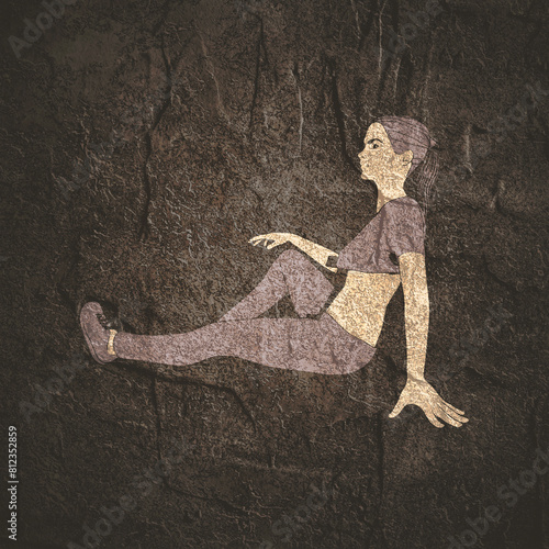Sitting woman. Sport girl illustration. Casual sportwear - t-shirt, breeches and sneakers. Young woman wearing workout clothes. Sport fashion girl outline in urban casual style. photo