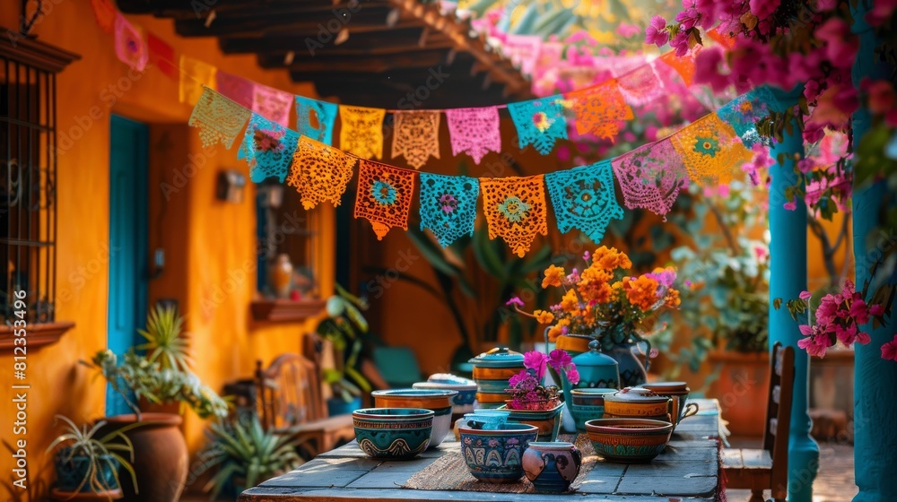 Colorful Mexican Courtyard with Festive Decorations