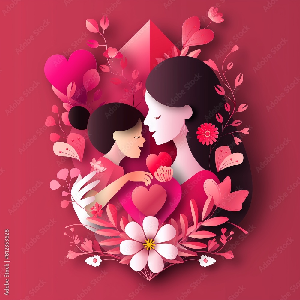 Mother and Child in Heart-Shaped Paper Art Design Mother and Child in Heart-Shaped Paper Art Design
