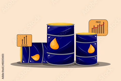 Three barrels of oil are shown with a price graph on top. The barrels are blue and yellow