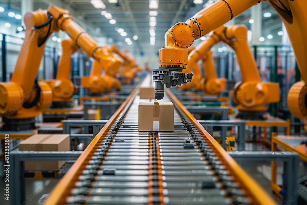 Robot arms in a warehouse preparing boxes for delivery on a conveyor belt. Robot arms in a warehouse preparing boxes for delivery on a conveyor belt.