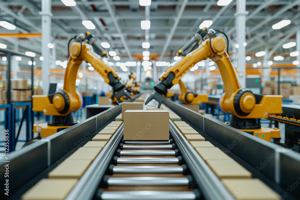 Robot arms in a warehouse preparing boxes for delivery on a conveyor belt. Robot arms in a warehouse preparing boxes for delivery on a conveyor belt.