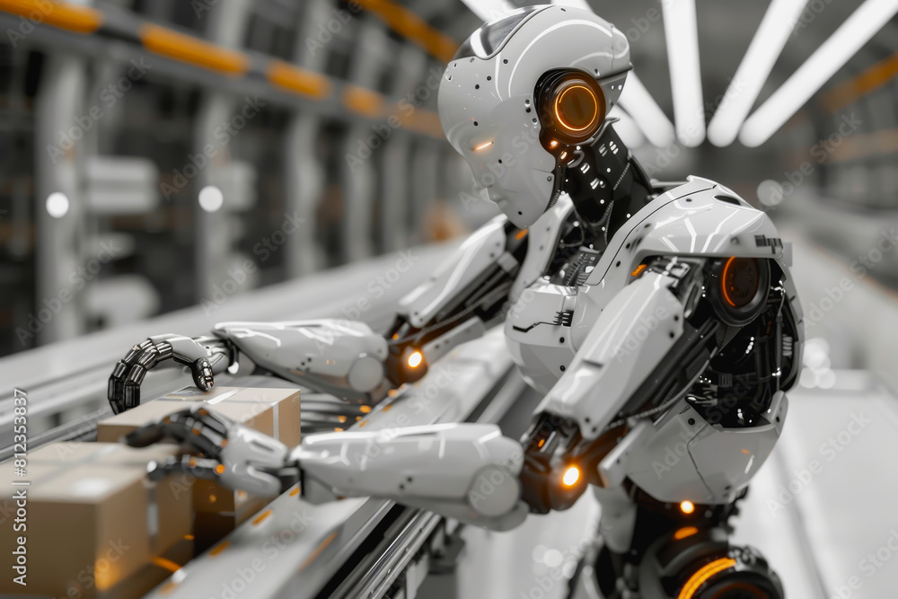 Robot arms in a warehouse preparing boxes for delivery on a conveyor belt. Robot arms in a warehouse preparing boxes for delivery on a conveyor belt.
