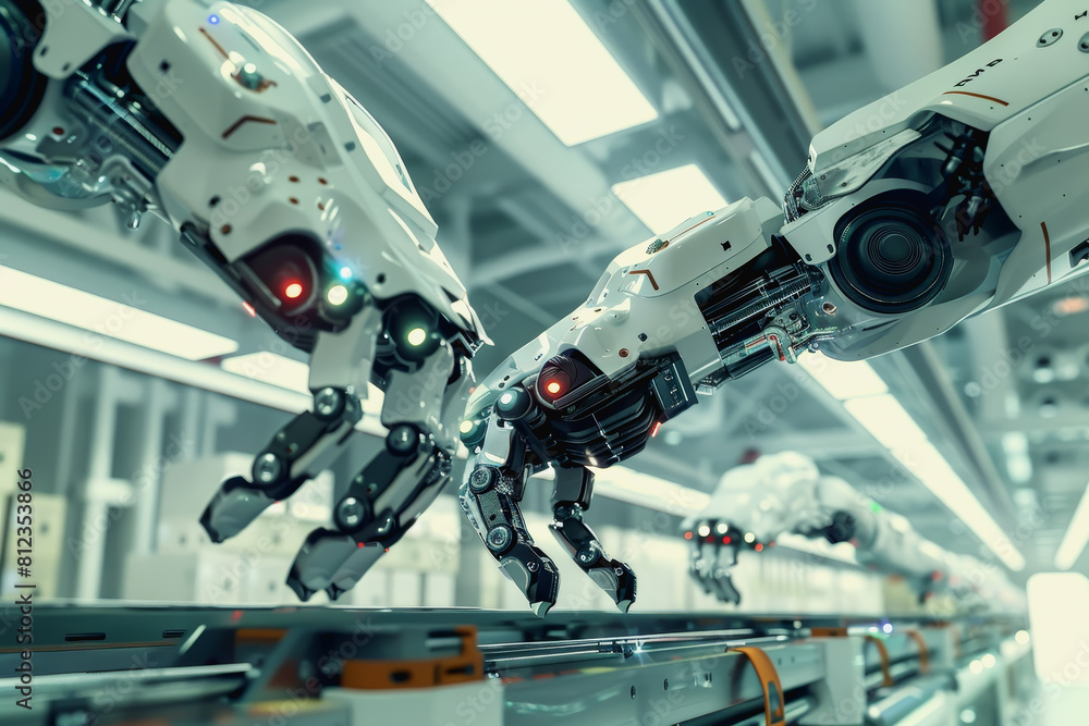 Robot arms in a warehouse preparing boxes for delivery on a conveyor belt. Robot arms in a warehouse preparing boxes for delivery on a conveyor belt.