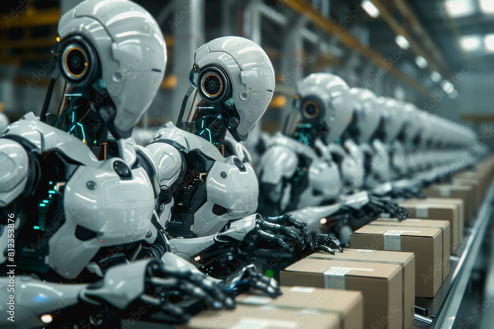 Robot arms in a warehouse preparing boxes for delivery on a conveyor belt. Robot arms in a warehouse preparing boxes for delivery on a conveyor belt.