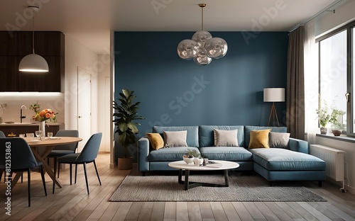 Modern interior design of apartment, empty living room with blank blue wall, dining room with table and chairs, interior background, navy blue color