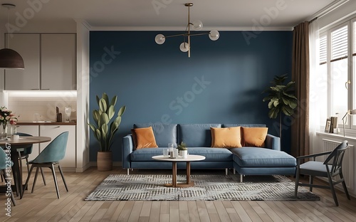 Modern interior design of apartment, empty living room with blank blue wall, dining room with table and chairs, interior background, navy blue color