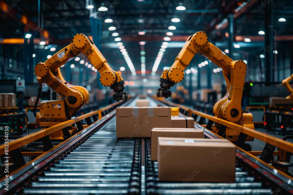 Robot arms in a warehouse preparing boxes for delivery on a conveyor belt. Robot arms in a warehouse preparing boxes for delivery on a conveyor belt.