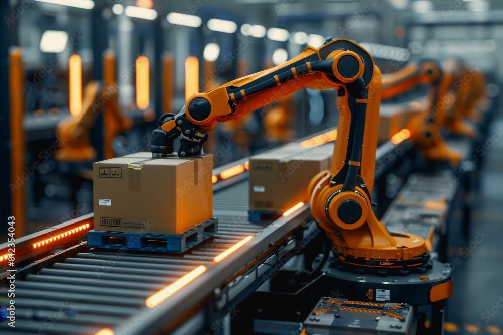 Robot arms in a warehouse preparing boxes for delivery on a conveyor belt. Robot arms in a warehouse preparing boxes for delivery on a conveyor belt.